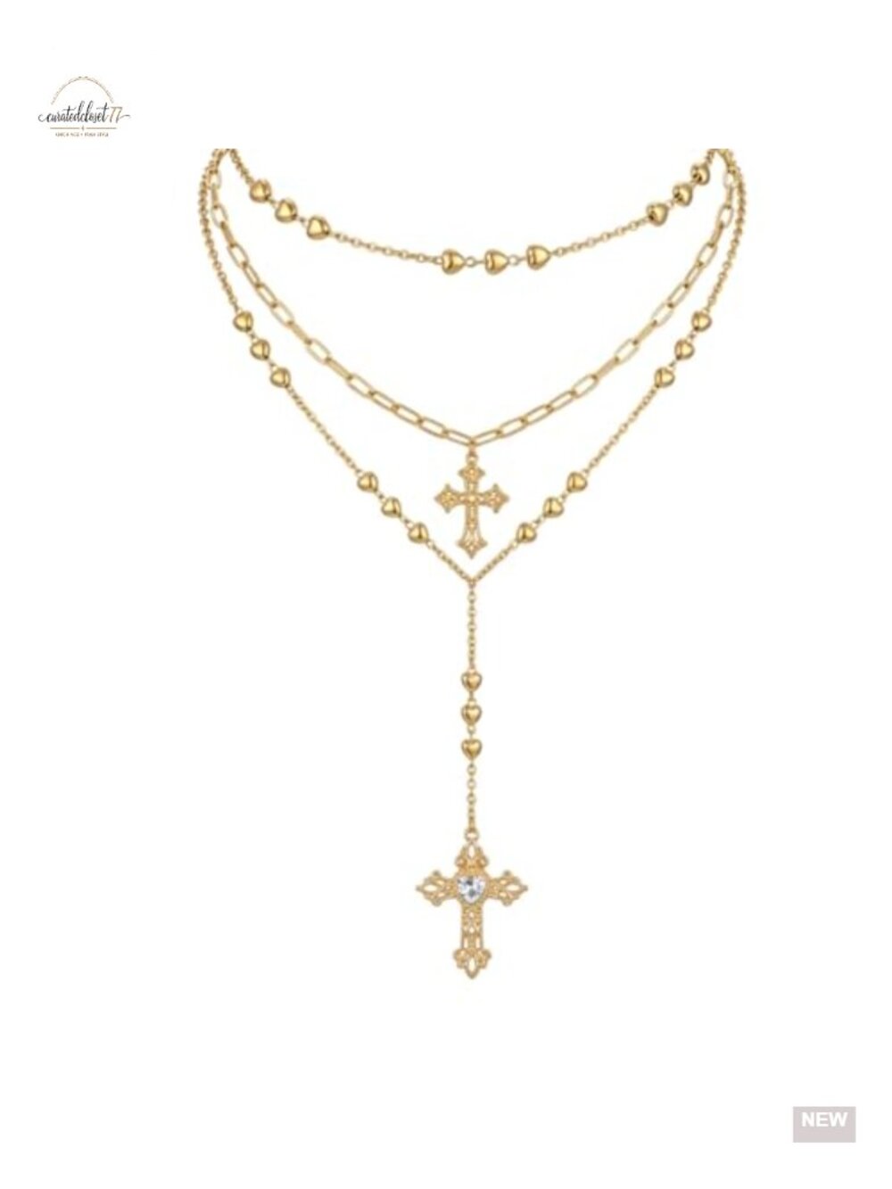 3-Layer Gold-Tone Layered Cross Necklace Set with Rhinestone Stones